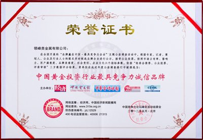 Most Competitive and Honorable Brand of the Gold Investment Industry in China